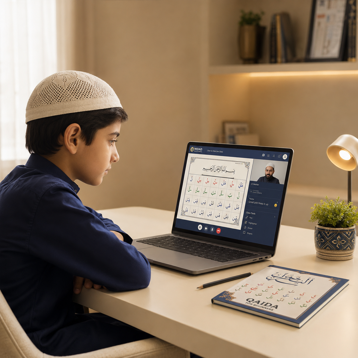 A learner attending a live online Tajweed class