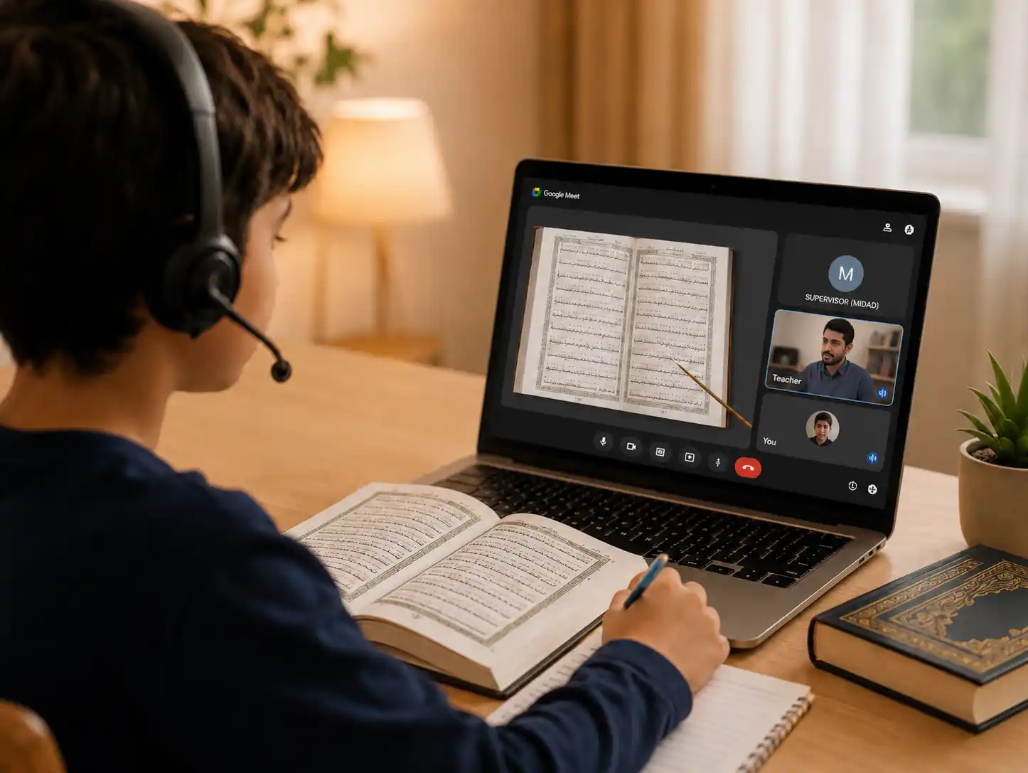 A learner attending a live online Tajweed class