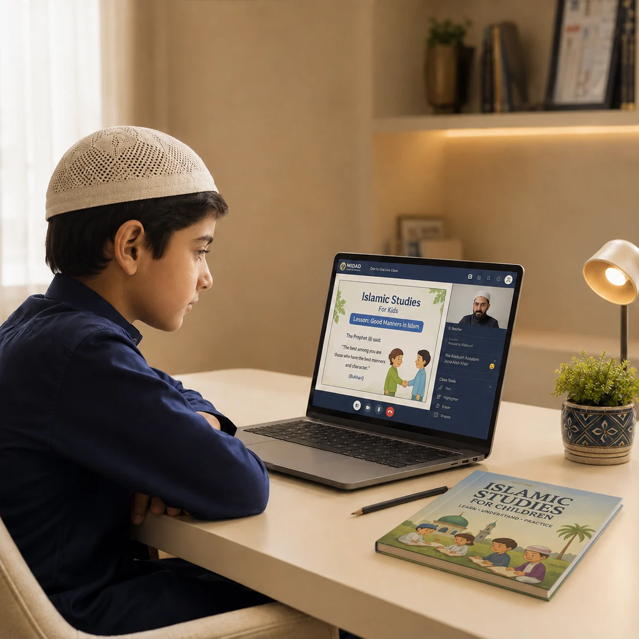 A child taking part in a one-to-one online Islamic Studies lesson