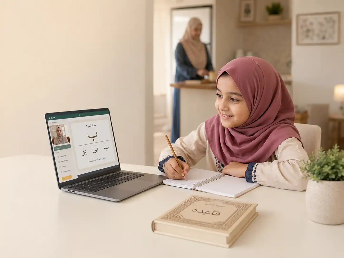A young learner attending a live one-to-one online Quran reading lesson