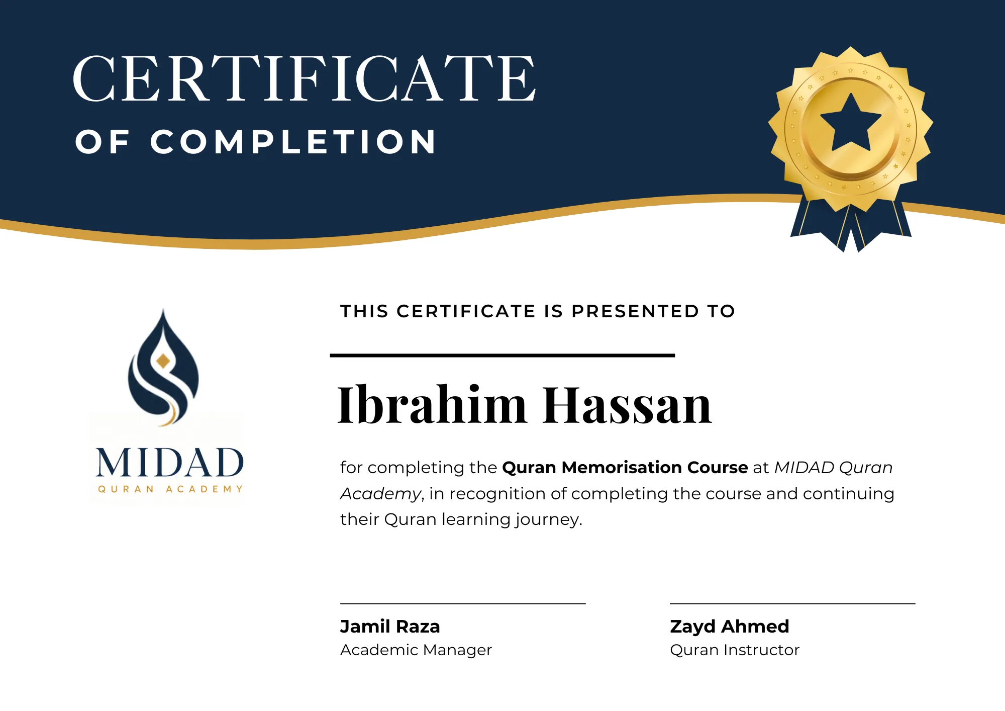 MIDAD student completion certificate sample 4