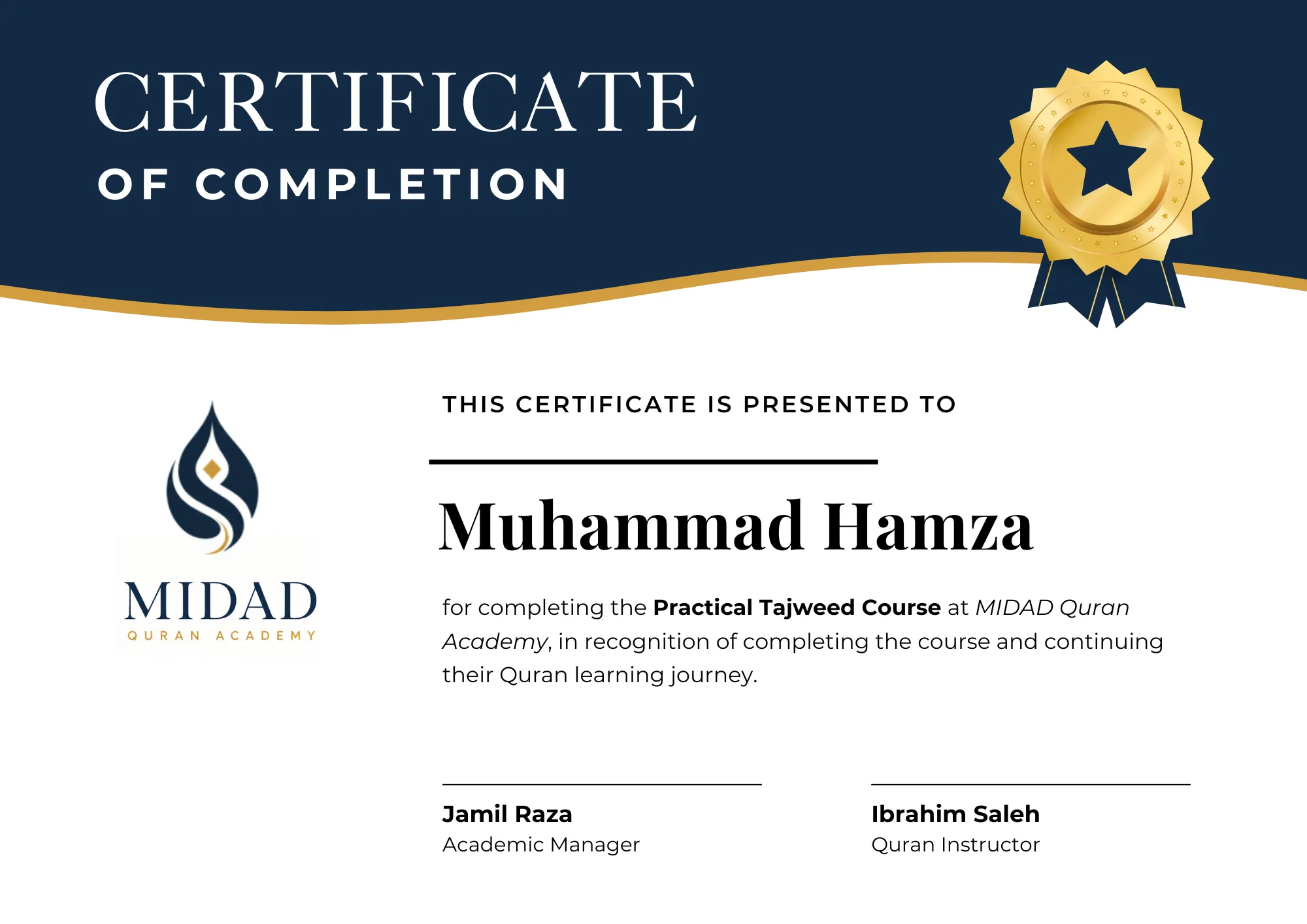 MIDAD student completion certificate sample 3