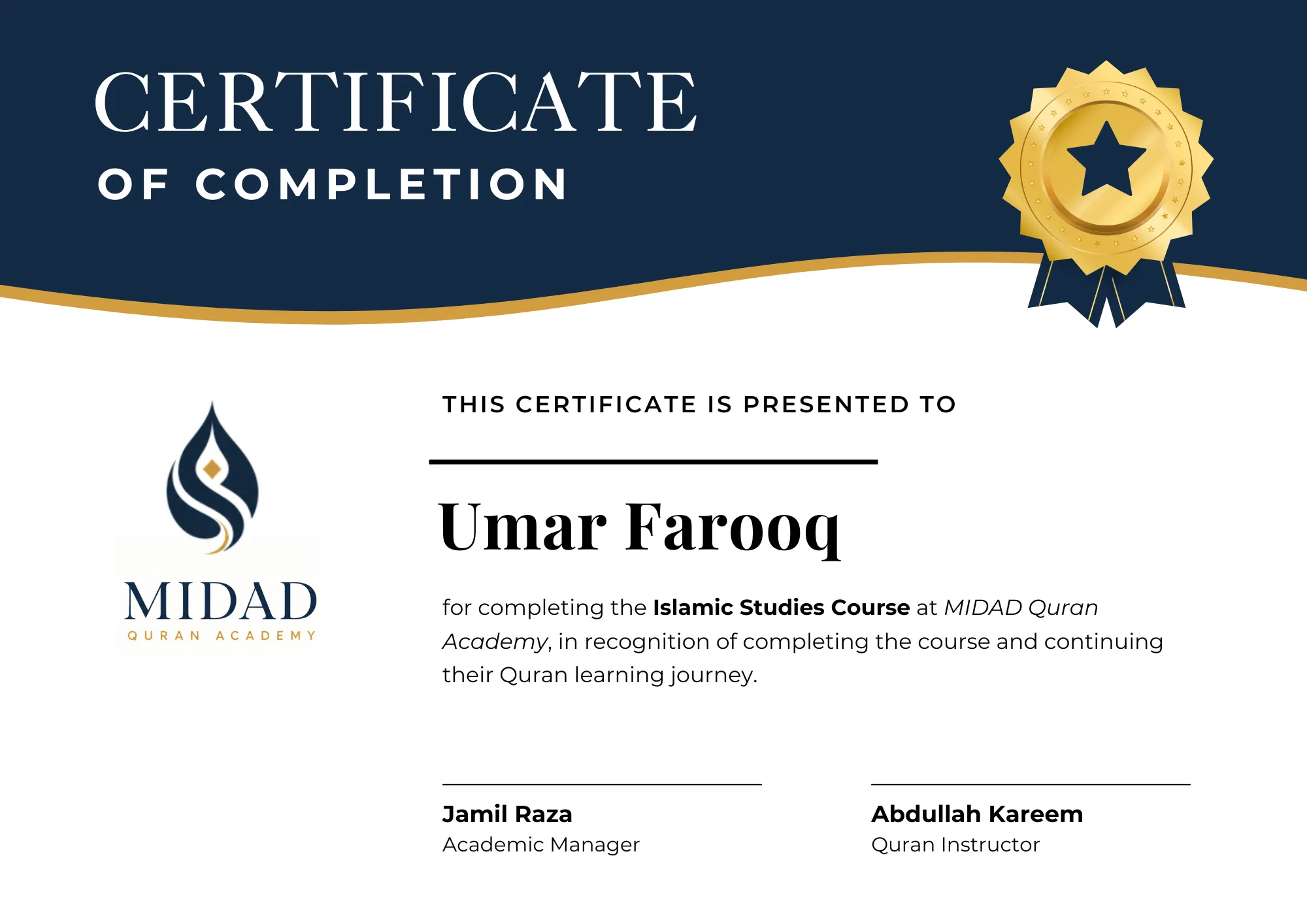 MIDAD student completion certificate sample 2