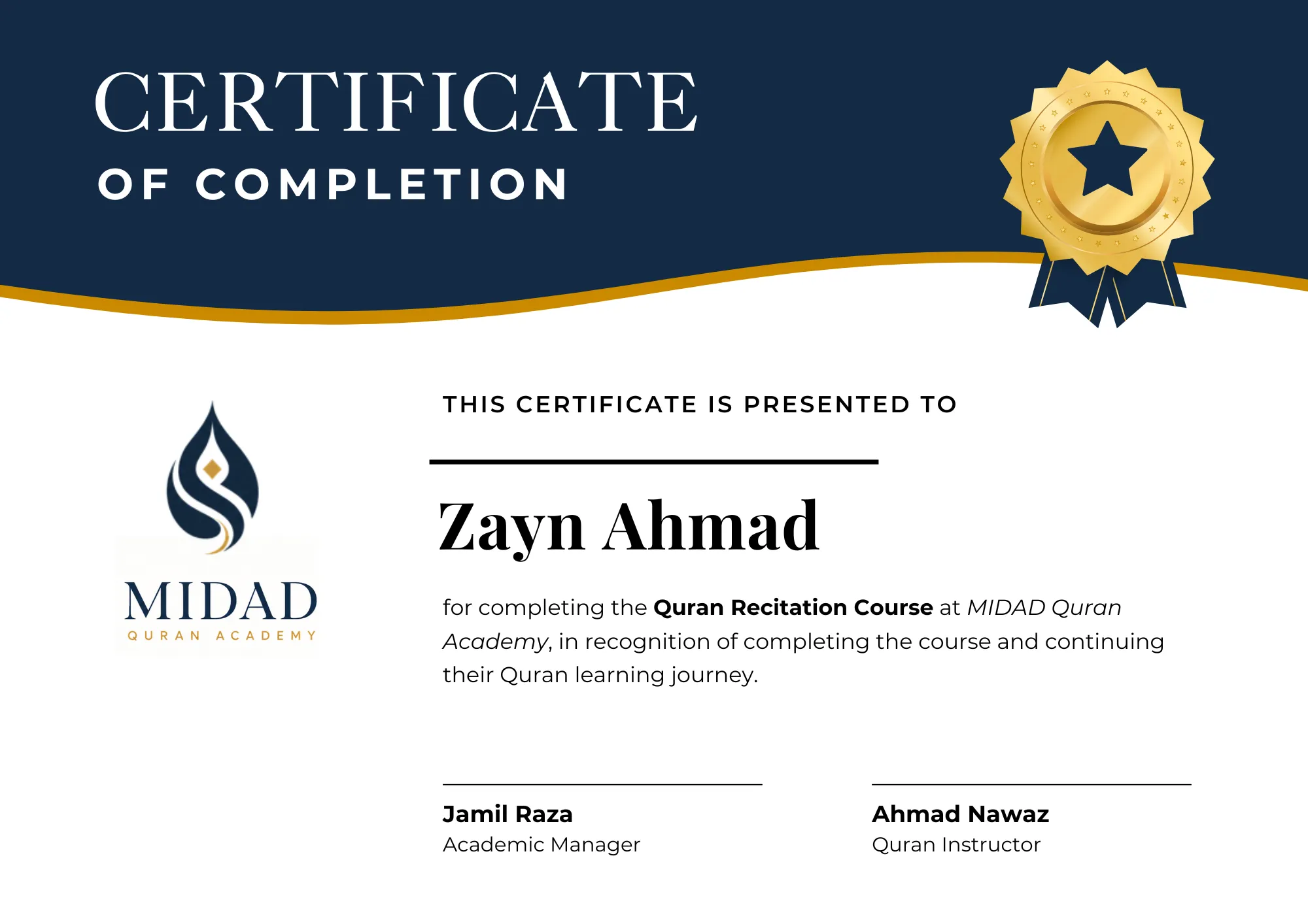 MIDAD student completion certificate sample 1